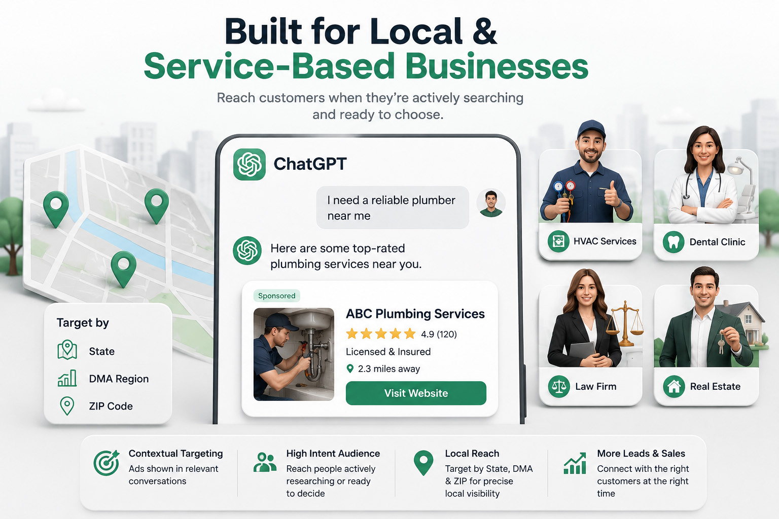 ChatGPT Ads for local and service businesses showing AI-powered sponsored recommendations, contextual targeting, and location-based advertising for plumbers, dentists, law firms, and real estate businesses.