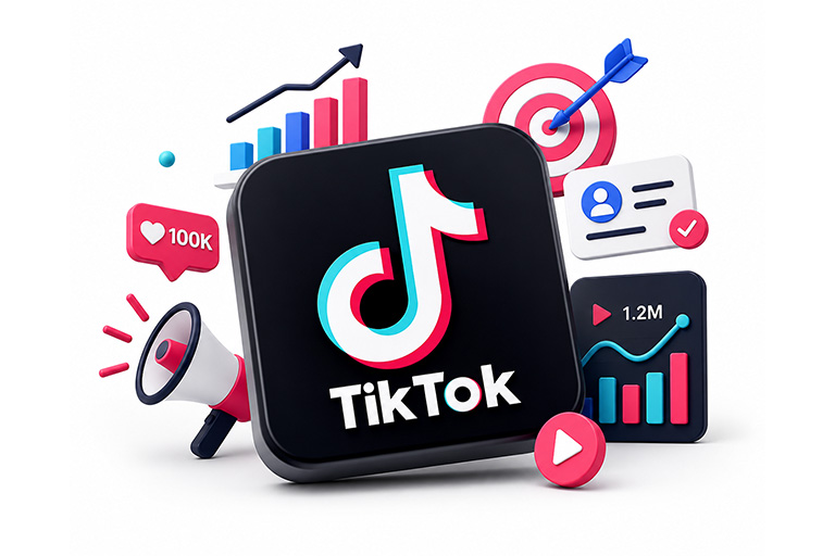 TikTok Ads Management illustration showing campaign optimization, TikTok Pixel setup, Events API integration, conversion tracking, and performance analytics.