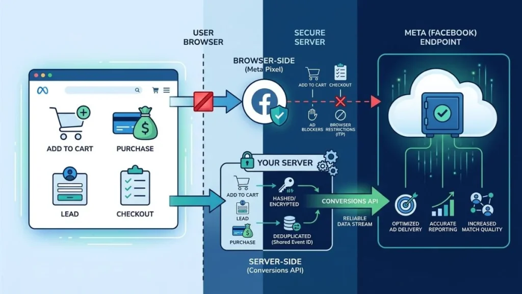 Facebook Conversion API browser and server side tracking workflow