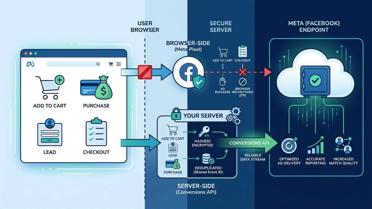 Facebook Conversion API browser and server side tracking workflow