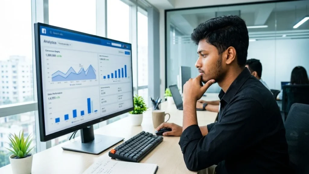 Bangladesh eCommerce business owner analyzing conversion tracking data