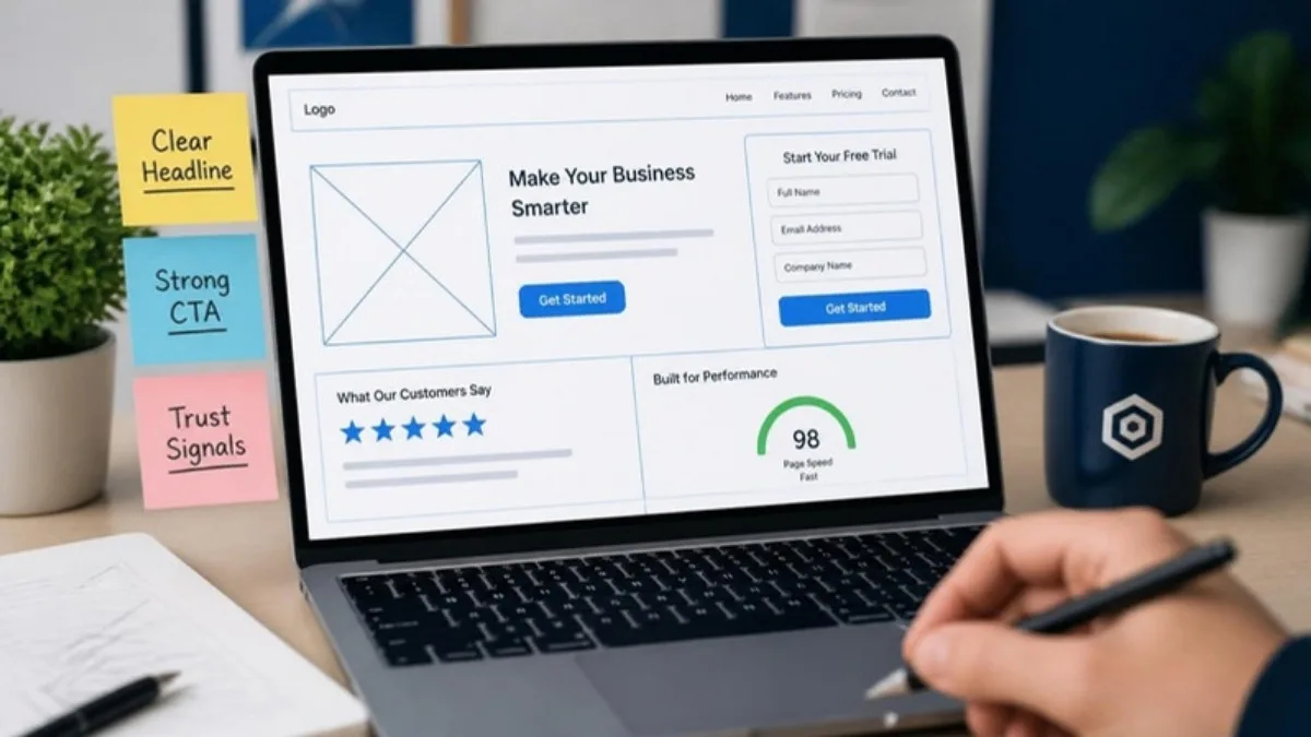 Landing page optimization with clear headline, CTA button and social proof