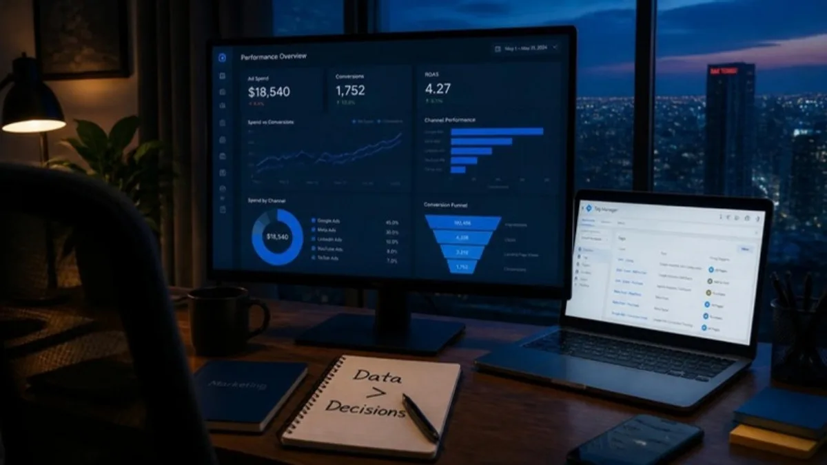Data-driven digital marketing dashboard with ad spend, conversions and ROAS