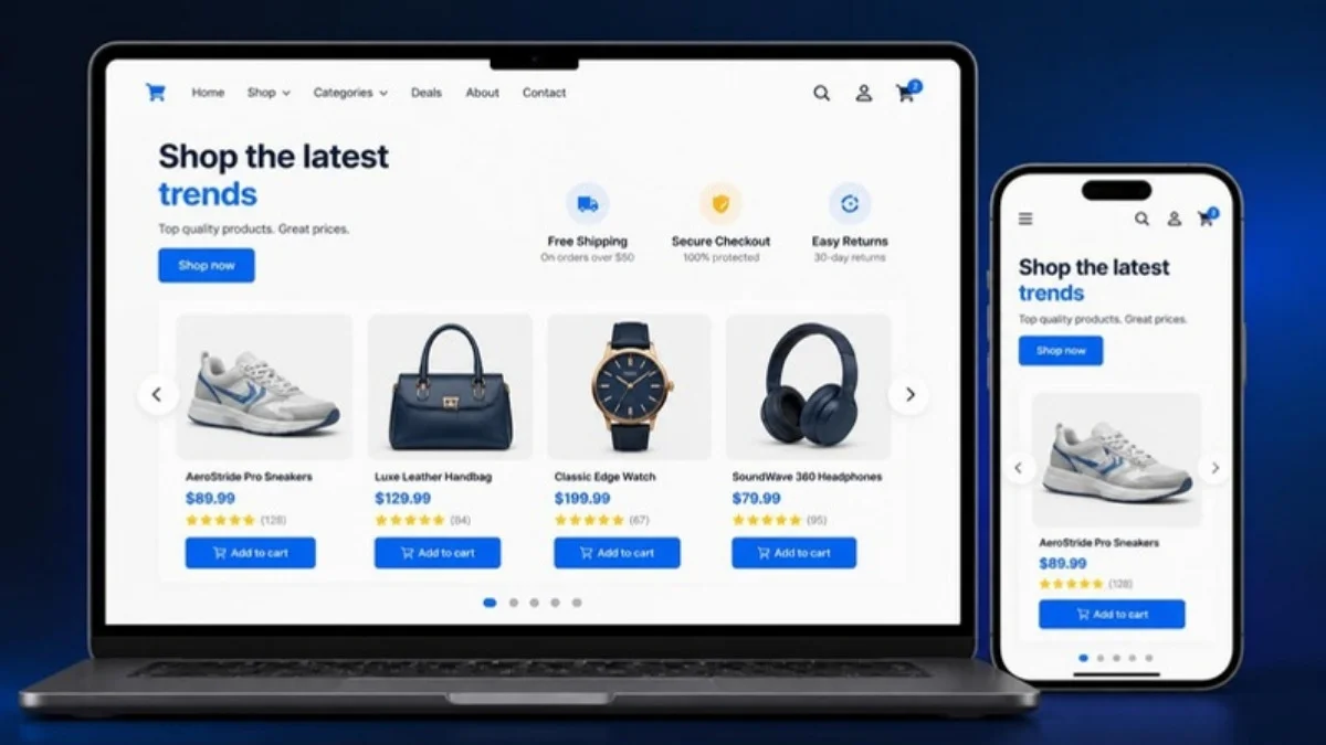 Free WooCommerce product slider plugin showing a responsive product carousel on laptop and mobile