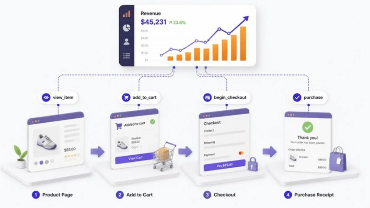 GA4 ecommerce events in a WooCommerce purchase journey