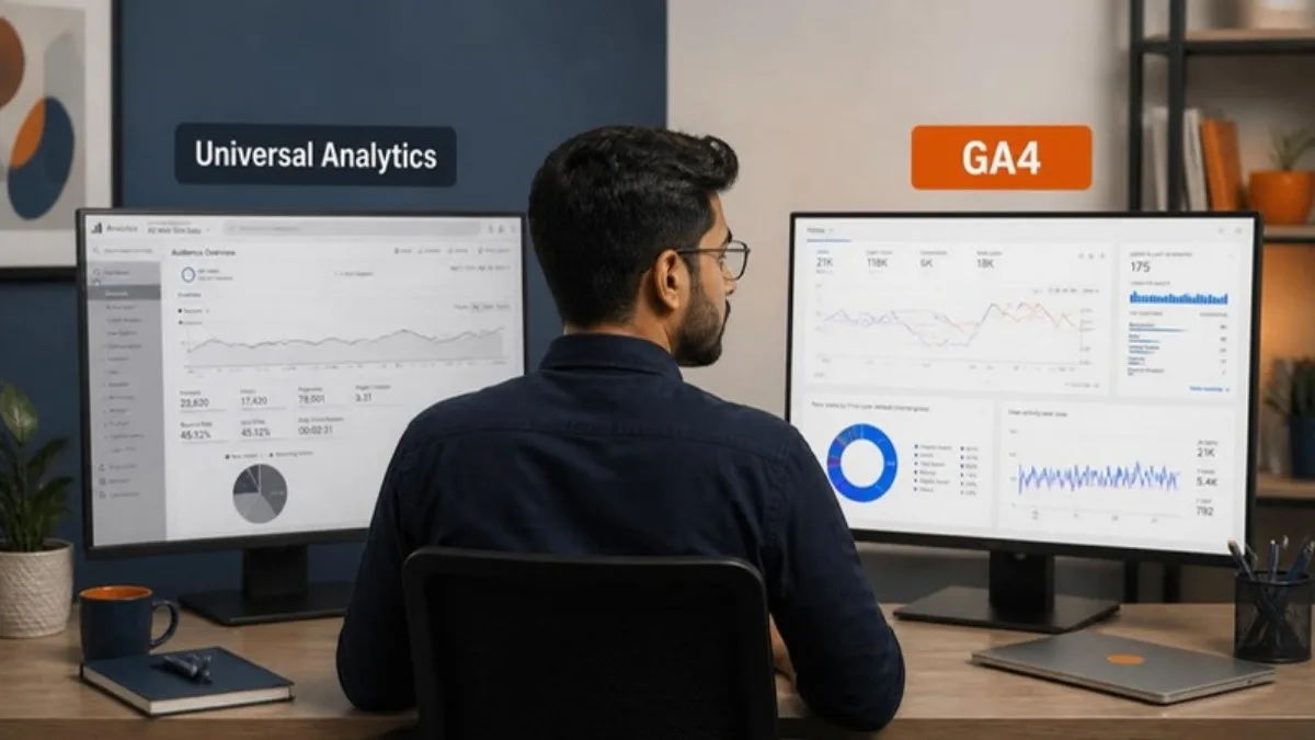 Analyst comparing Universal Analytics and GA4 reports side by side