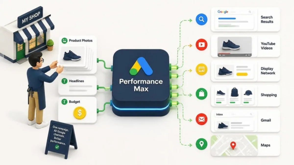 Google Ads Performance Max serving ads across Search, YouTube, Display and Shopping