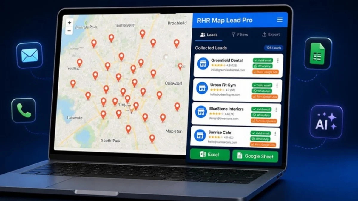 Free Google Maps lead extractor and scraper Chrome extension collecting business emails and WhatsApp numbers