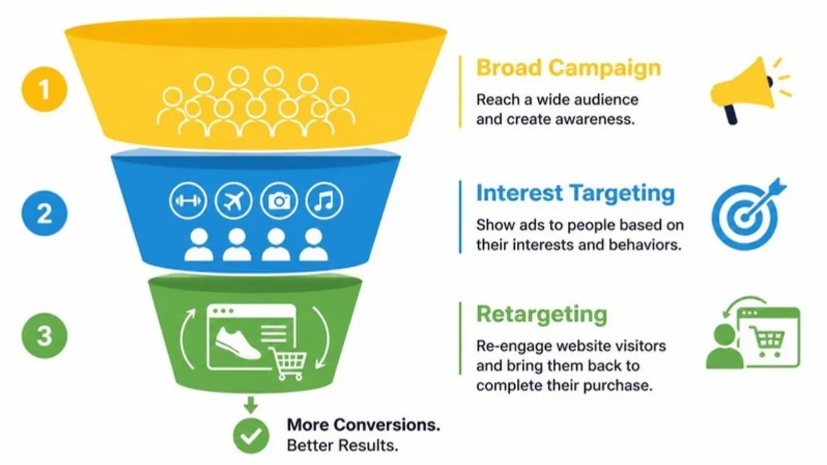 Snapchat Ads campaign funnel: broad campaign, interest targeting and retargeting
