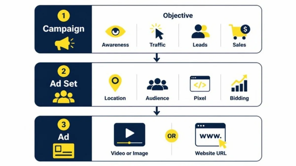 Snapchat Ads campaign, ad set and ad levels: objective, targeting, pixel, bidding and creative