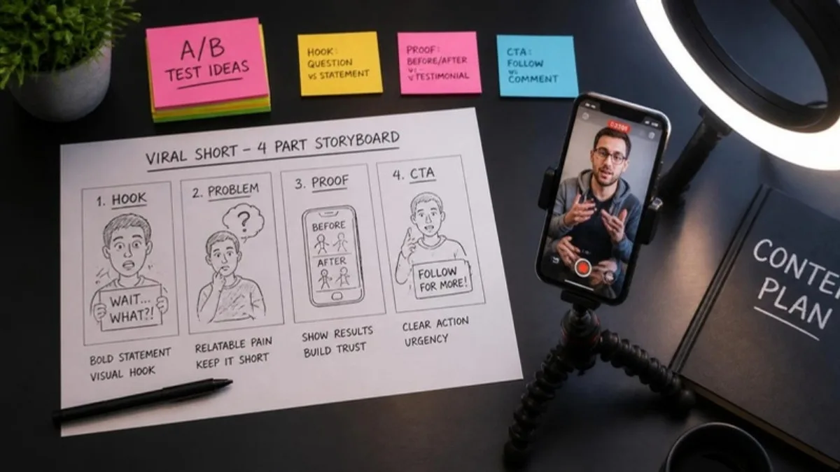TikTok ad creative storyboard with hook, problem, proof and CTA